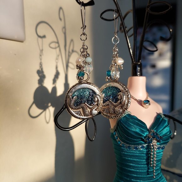 Blue druzy Mermaid Dangle drop Earrings Hypoallergenic Stainless Steel J Hooks - Picture 9 of 10